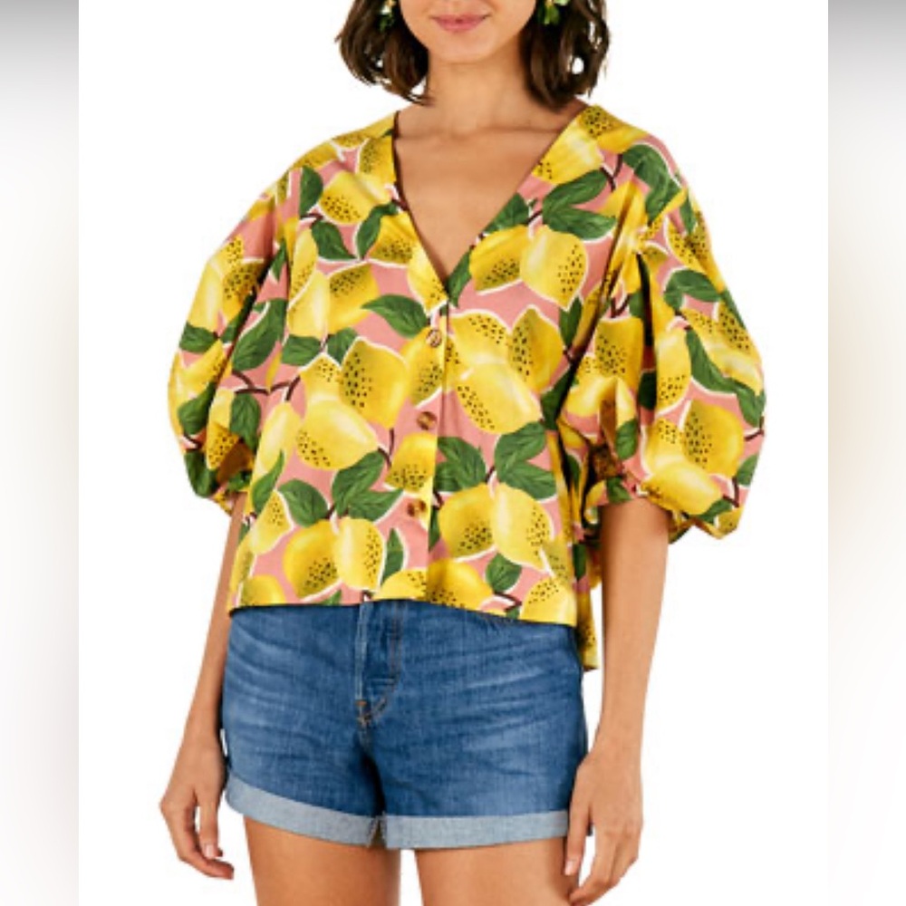 Farm Rio Fresh Lemons Puff Sleeve Shirt